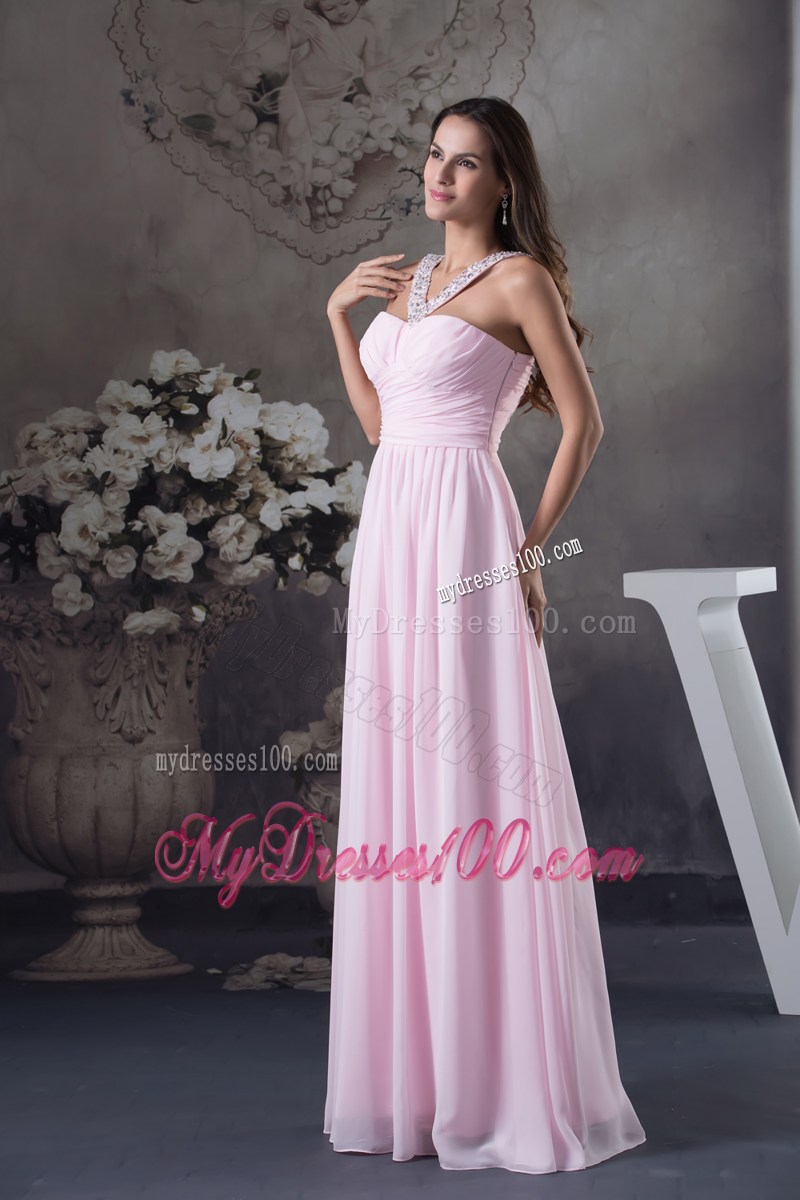 Beautiful Beading V-neck long Pink Column 2013 Prom Dress