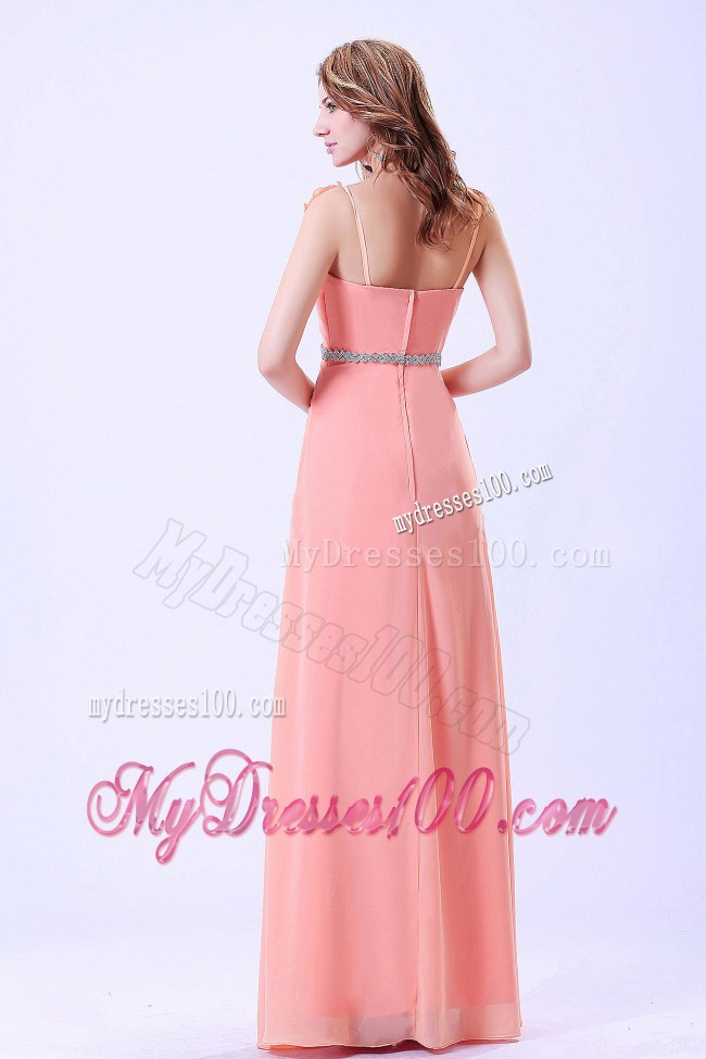 Belt and Flowers For Watermelon Prom Dress with Spaghetti Straps