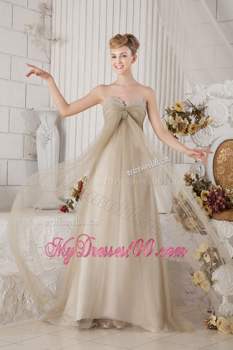 Brown Sweetheart Brush Train Beading and Ruching Graduation Dress