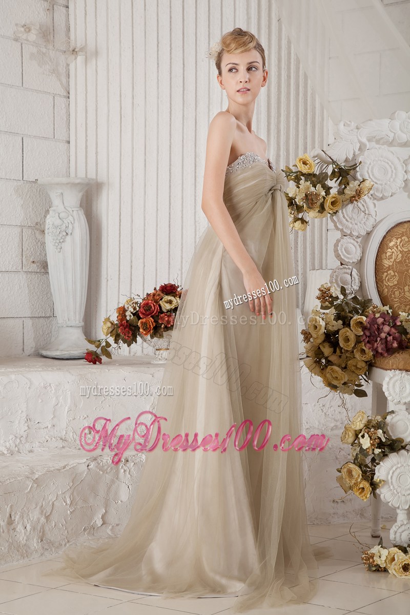 Brown Sweetheart Brush Train Beading and Ruching Graduation Dress