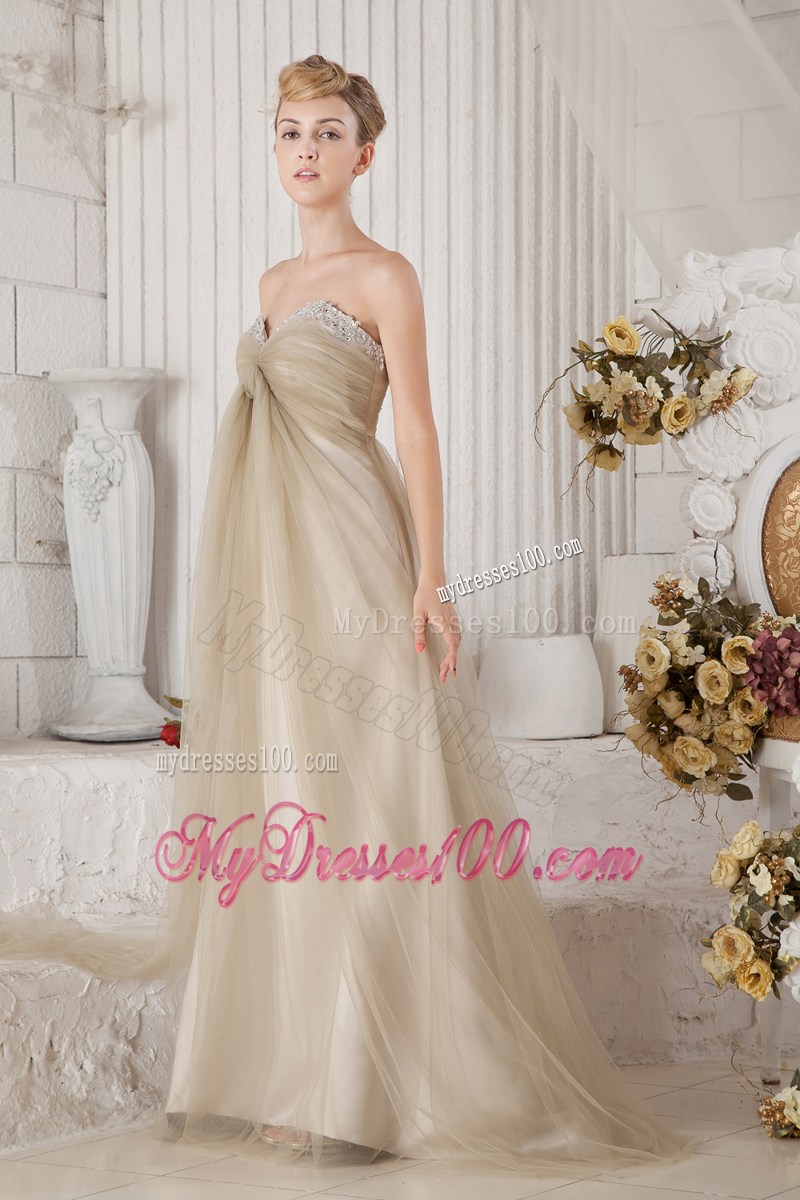 Brown Sweetheart Brush Train Beading and Ruching Graduation Dress