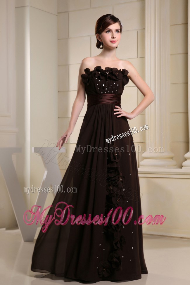 Brown Prom Dress With Hand Made Flowers and Strapless