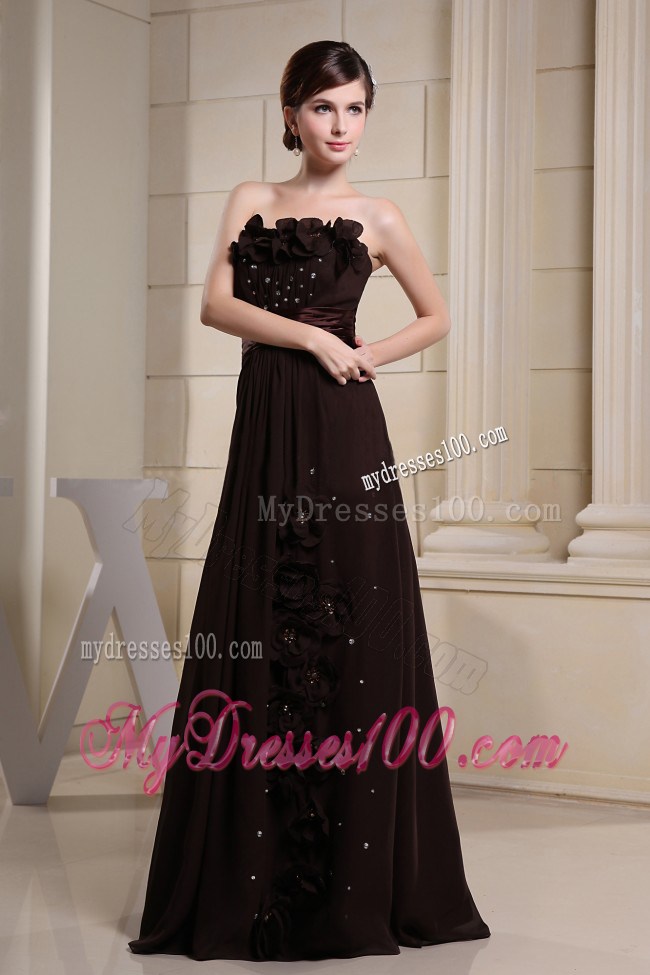 Brown Prom Dress With Hand Made Flowers and Strapless