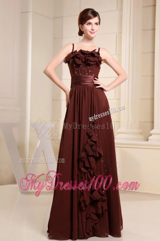 Brown Prom Dress With Straps Hand Made Flowers and Beading
