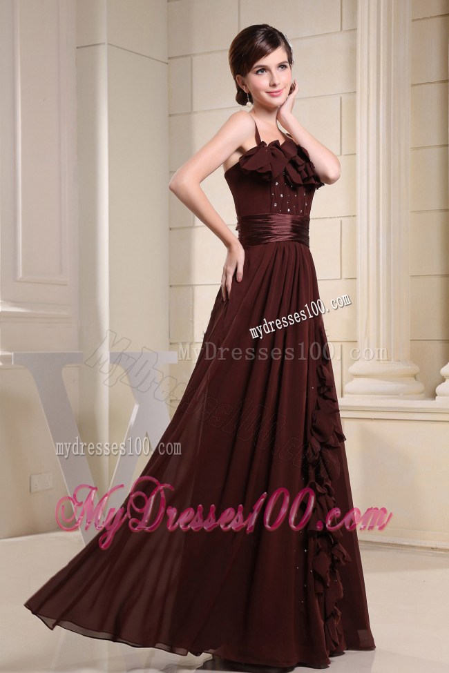 Brown Prom Dress With Straps Hand Made Flowers and Beading