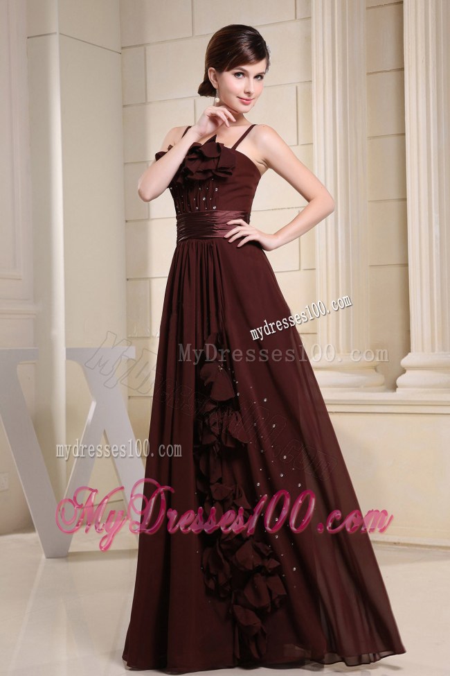 Brown Prom Dress With Straps Hand Made Flowers and Beading