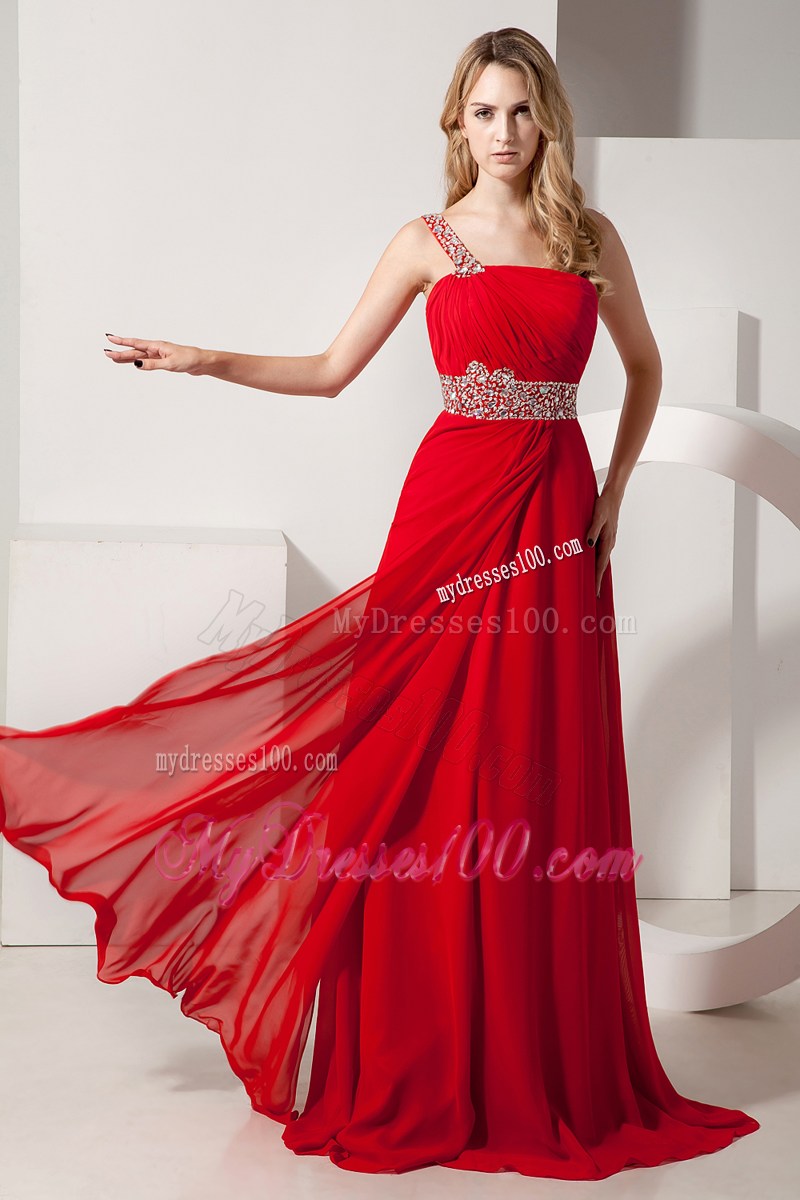 Red Empire One Shoulder Brush Train Prom Dresses with Beading