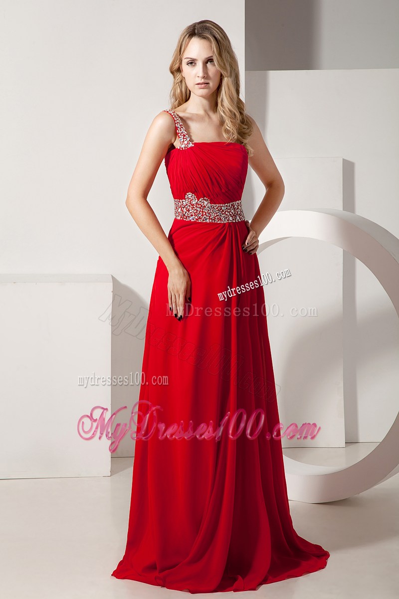 Red Empire One Shoulder Brush Train Prom Dresses with Beading