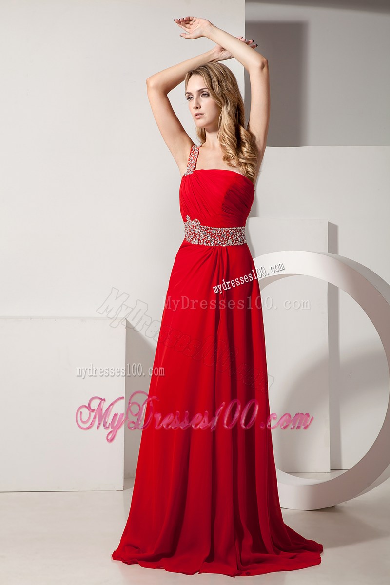 Red Empire One Shoulder Brush Train Prom Dresses with Beading