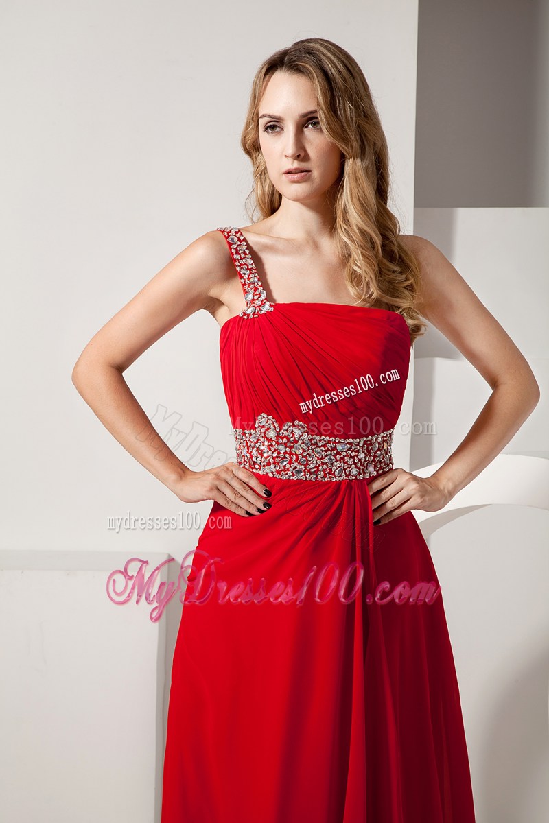Red Empire One Shoulder Brush Train Prom Dresses with Beading