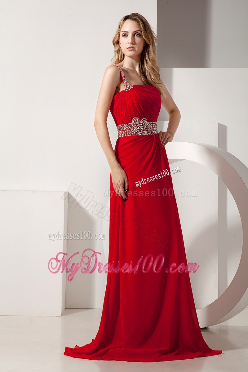 Red Empire One Shoulder Brush Train Prom Dresses with Beading