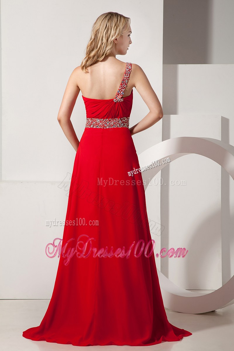 Red Empire One Shoulder Brush Train Prom Dresses with Beading