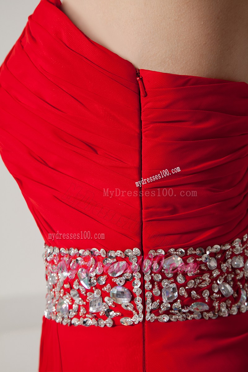 Red Empire One Shoulder Brush Train Prom Dresses with Beading