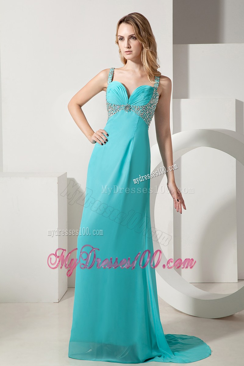Turquoise Column Straps Brush Train Graduation Dress with Beading