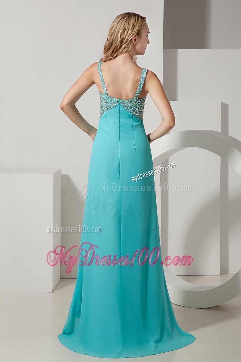 Turquoise Column Straps Brush Train Graduation Dress with Beading