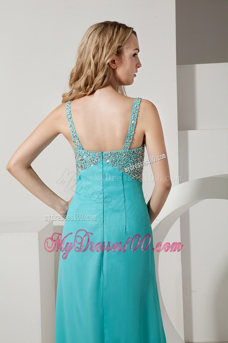 Turquoise Column Straps Brush Train Graduation Dress with Beading