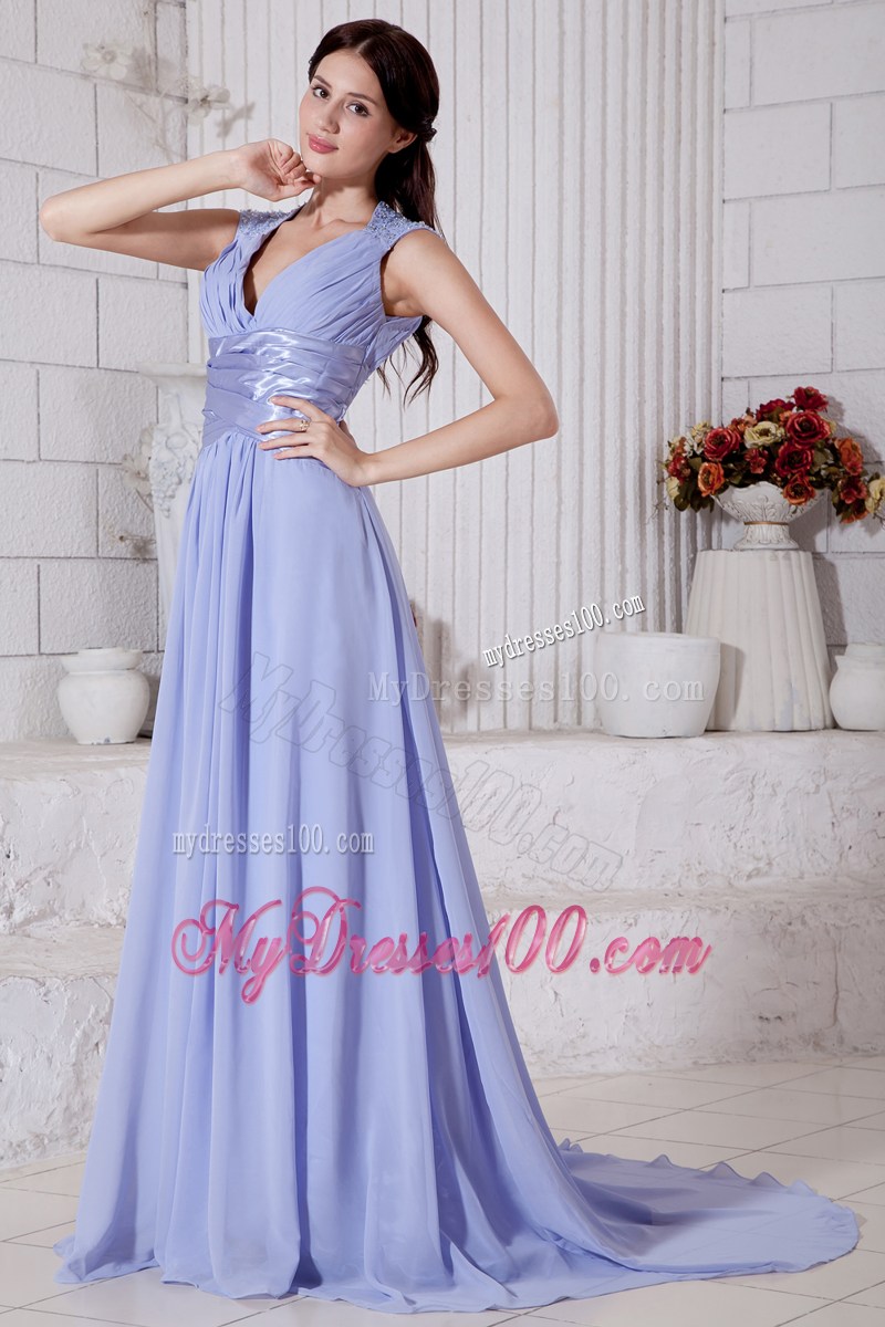 Lilac Empire V-neck Beaded Graduation Dresses with Ruching Brush Train2013
