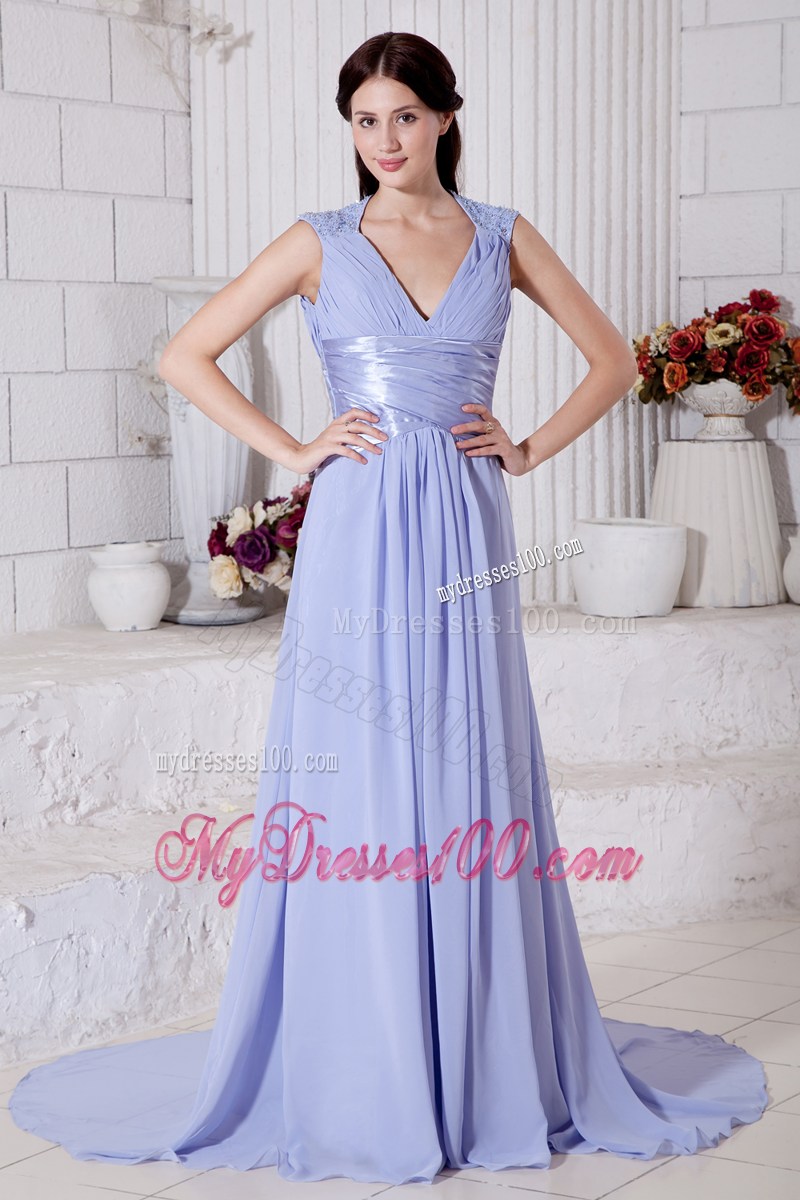 Lilac Empire V-neck Beaded Graduation Dresses with Ruching Brush Train2013