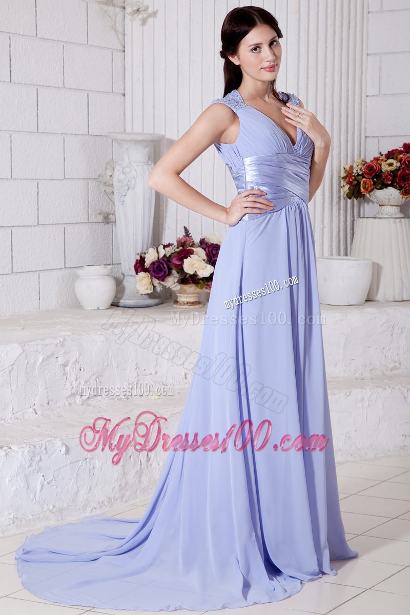 Lilac Empire V-neck Beaded Graduation Dresses with Ruching Brush Train2013