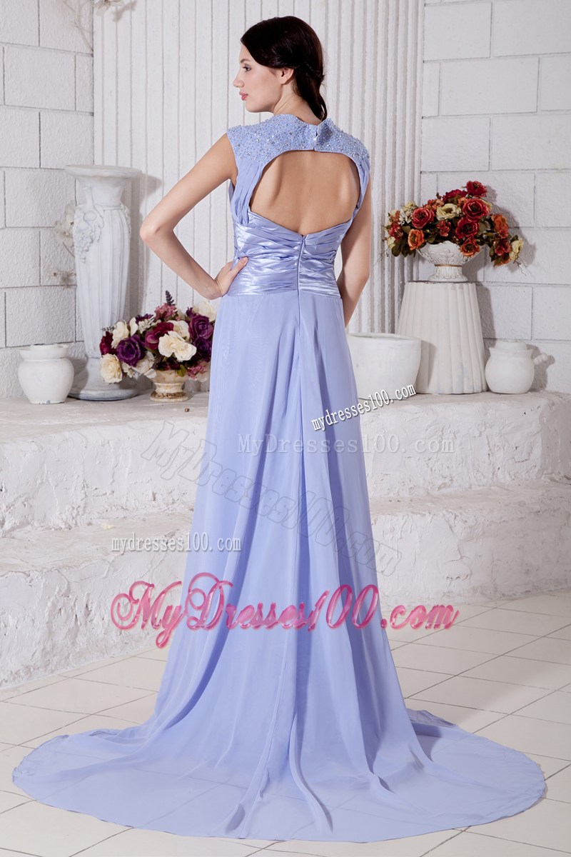 Lilac Empire V-neck Beaded Graduation Dresses with Ruching Brush Train2013
