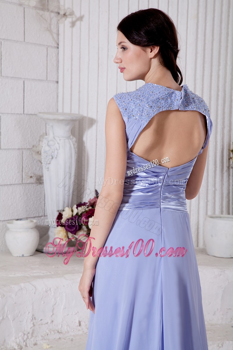 Lilac Empire V-neck Beaded Graduation Dresses with Ruching Brush Train2013