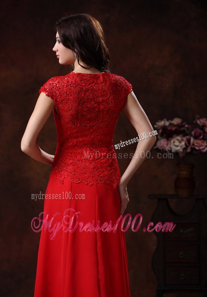 Custom Made Red Square Graduation Dress with Lace Over Bodice