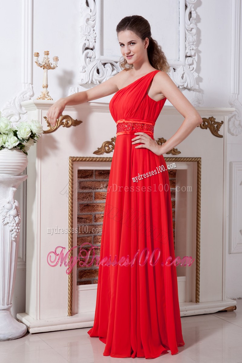 Simple Red One Shoulder Prom Graduation Dress Empire Floor-length