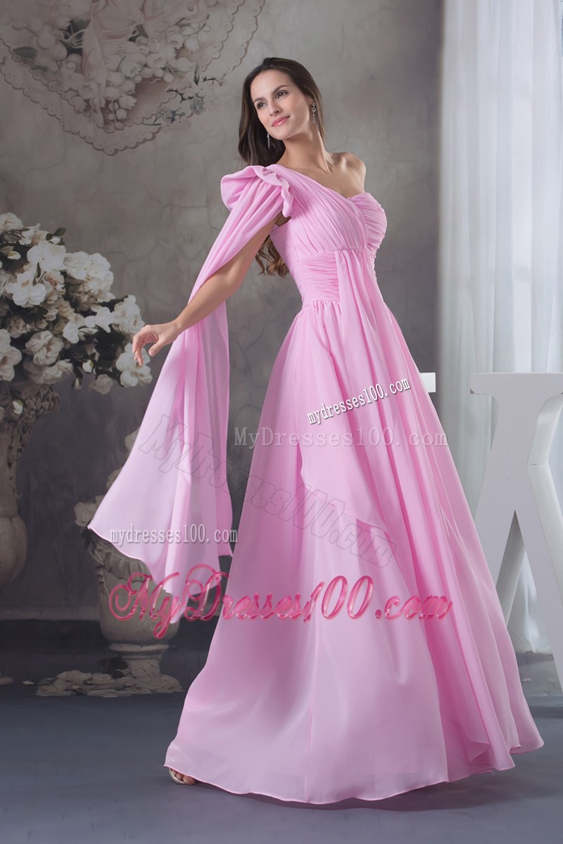 Column Ruching One Shoulder Watteau Train long Pink Prom Dress