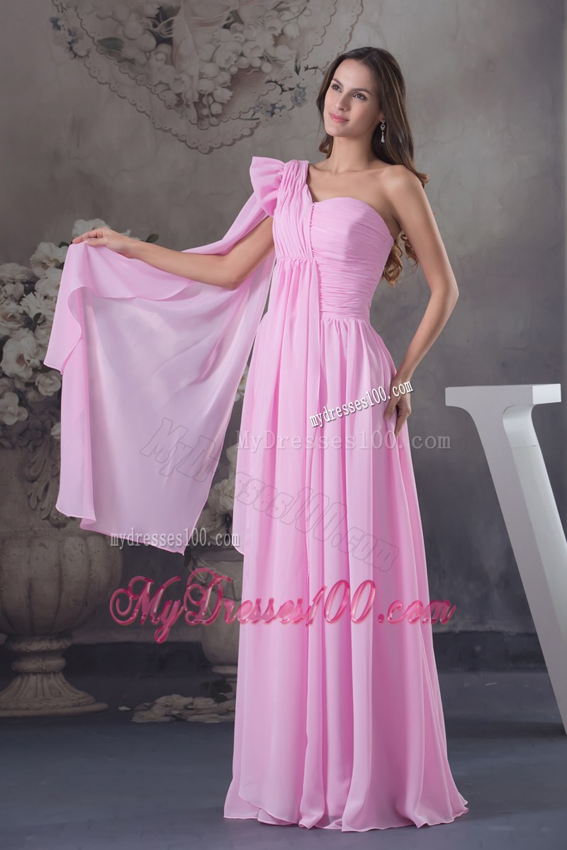 Column Ruching One Shoulder Watteau Train long Pink Prom Dress