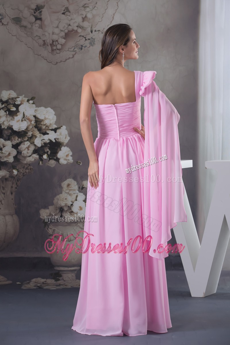 Column Ruching One Shoulder Watteau Train long Pink Prom Dress