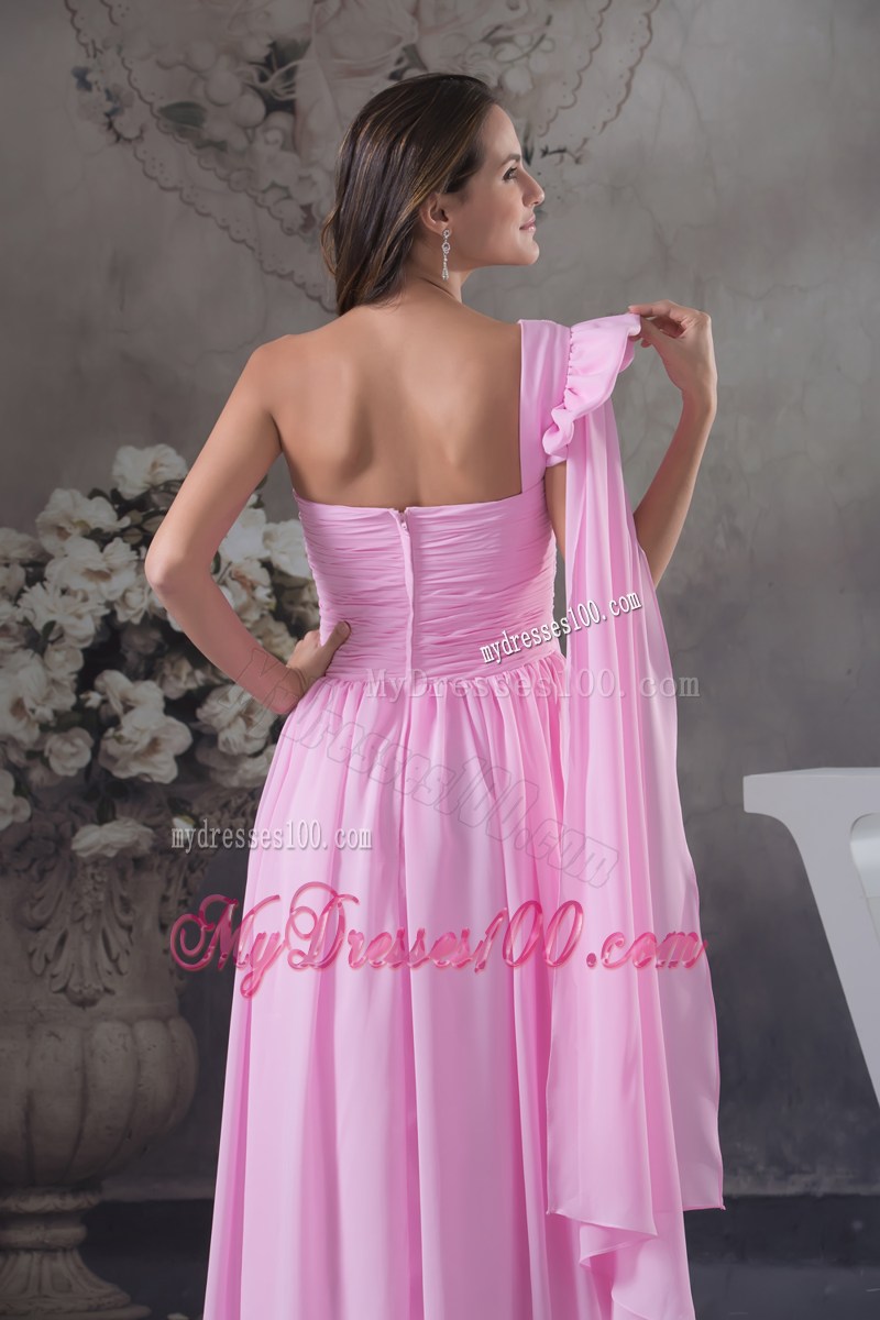 Column Ruching One Shoulder Watteau Train long Pink Prom Dress