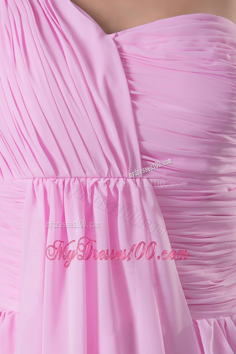 Column Ruching One Shoulder Watteau Train long Pink Prom Dress