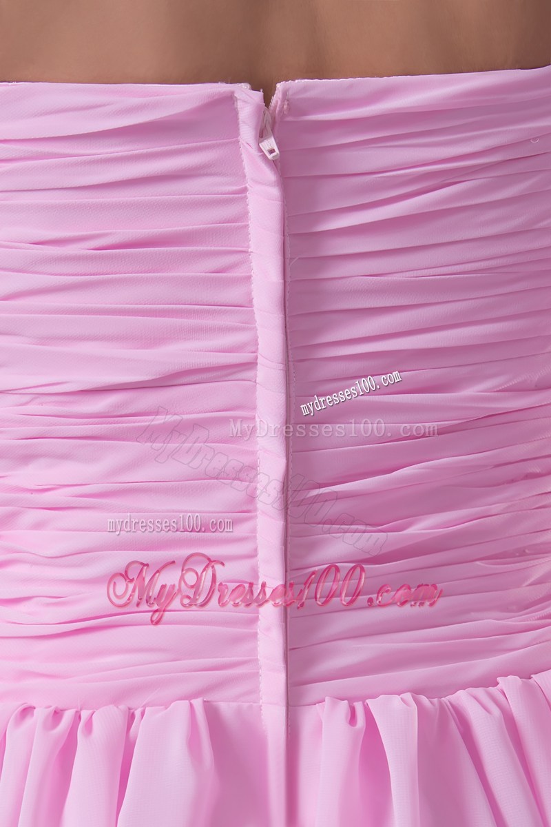 Column Ruching One Shoulder Watteau Train long Pink Prom Dress