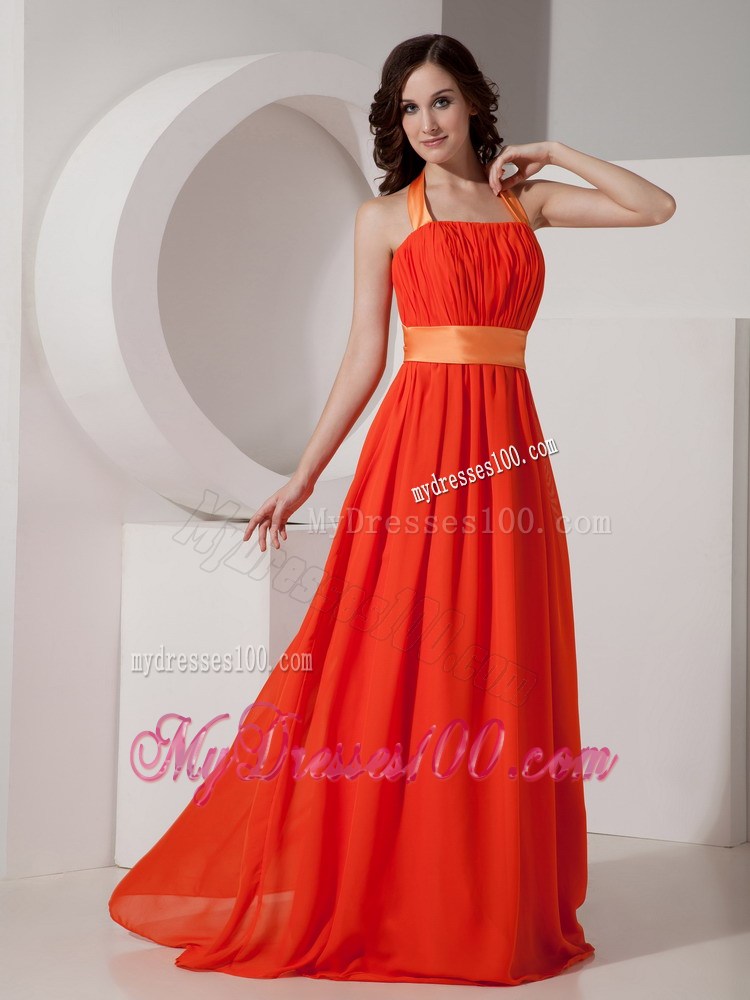 2013 Pretty Orange Red Halter Graduation Dresses with Sashes Ribbons