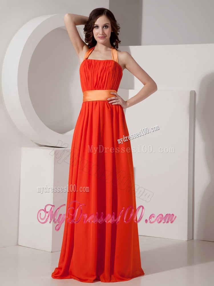 2013 Pretty Orange Red Halter Graduation Dresses with Sashes Ribbons