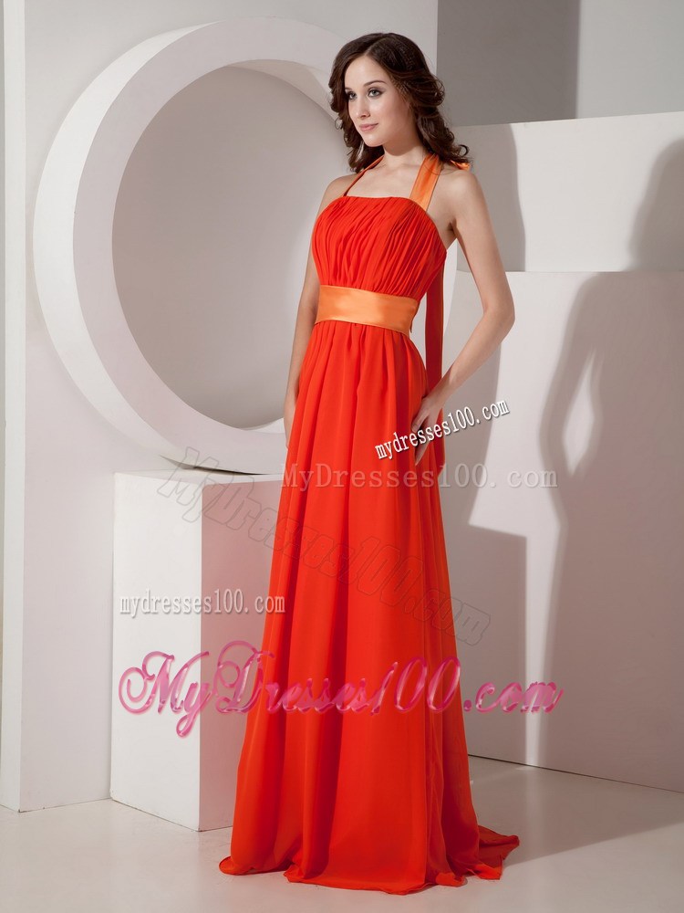 2013 Pretty Orange Red Halter Graduation Dresses with Sashes Ribbons