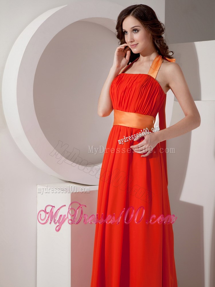 2013 Pretty Orange Red Halter Graduation Dresses with Sashes Ribbons