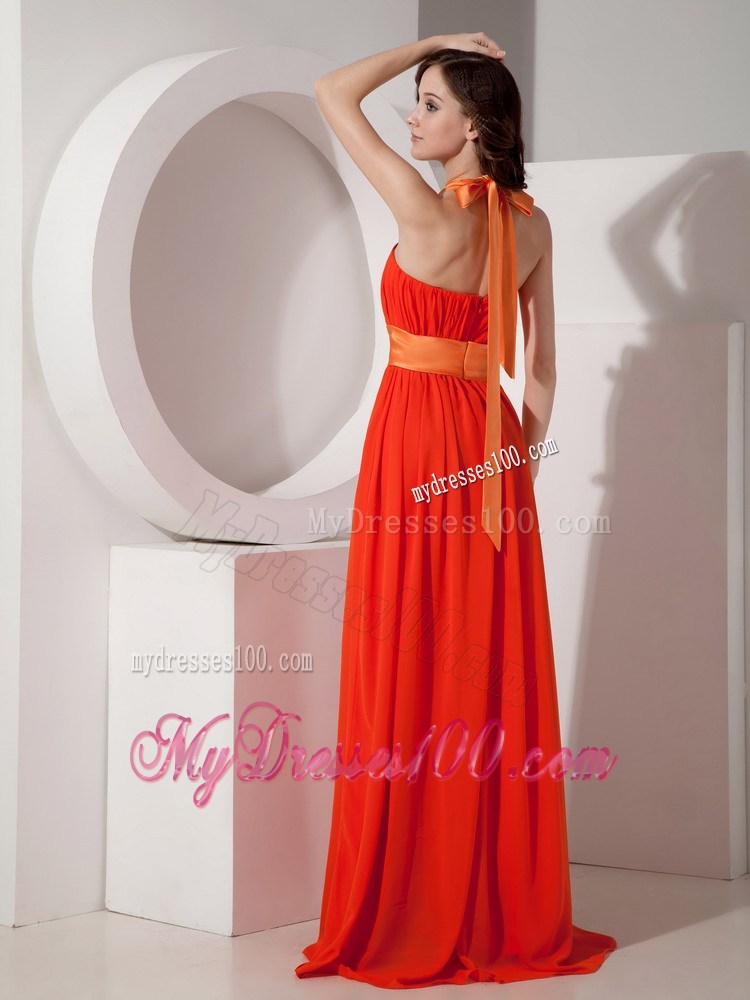 2013 Pretty Orange Red Halter Graduation Dresses with Sashes Ribbons