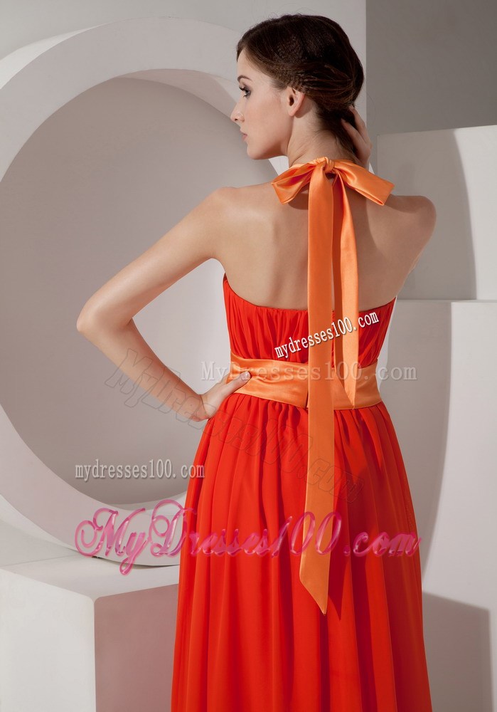 2013 Pretty Orange Red Halter Graduation Dresses with Sashes Ribbons