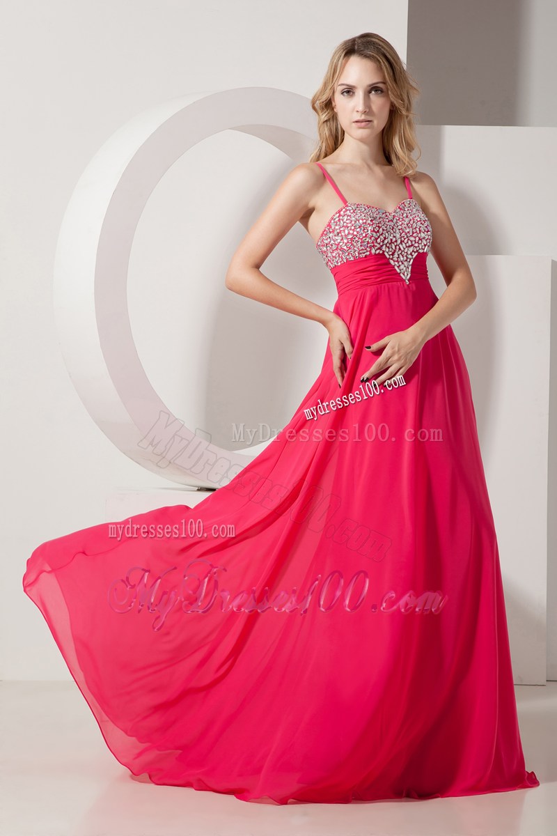 Coral Red Spaghetti Straps Brush Train Beading Prom Evening Dress