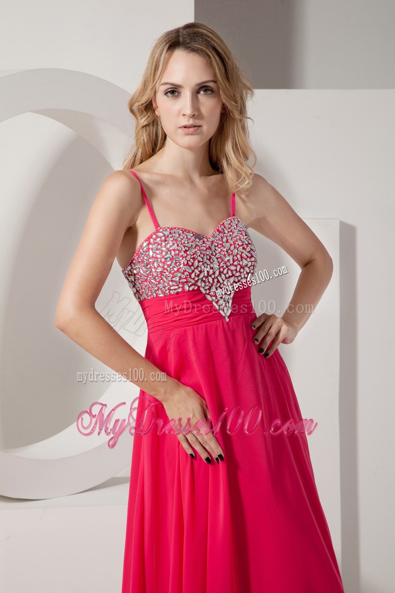 Coral Red Spaghetti Straps Brush Train Beading Prom Evening Dress