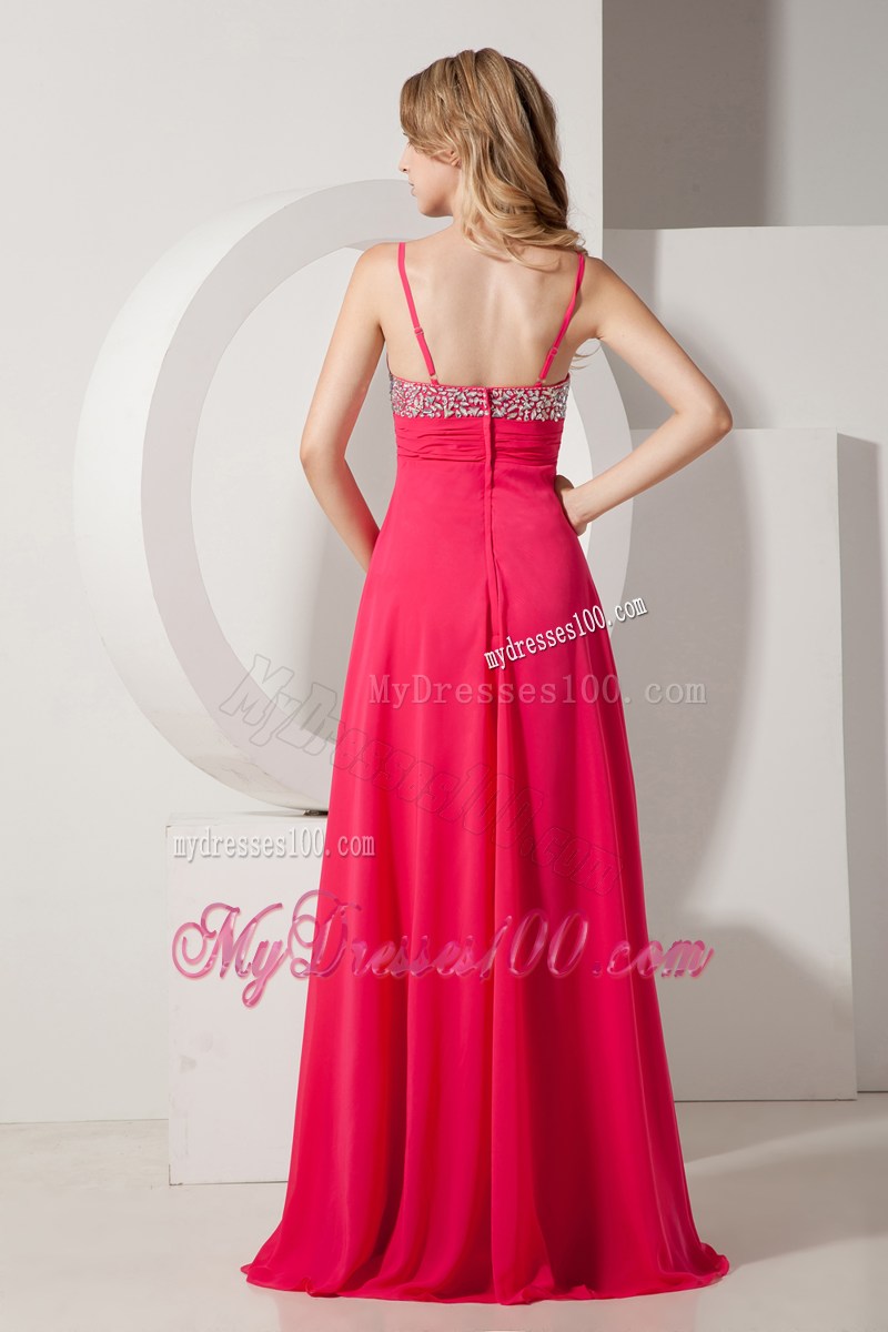 Coral Red Spaghetti Straps Brush Train Beading Prom Evening Dress