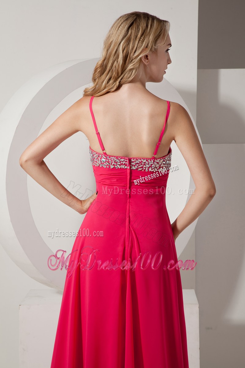Coral Red Spaghetti Straps Brush Train Beading Prom Evening Dress