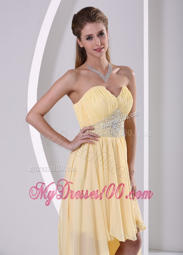 High-low Sweetheart Beaded Light Yellow Detachable Graduation Dress