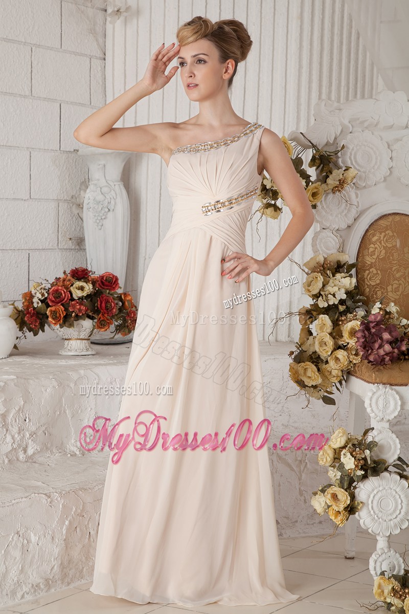 Champagne Empire One Shoulder Graduation Dress with Beading and Ruching