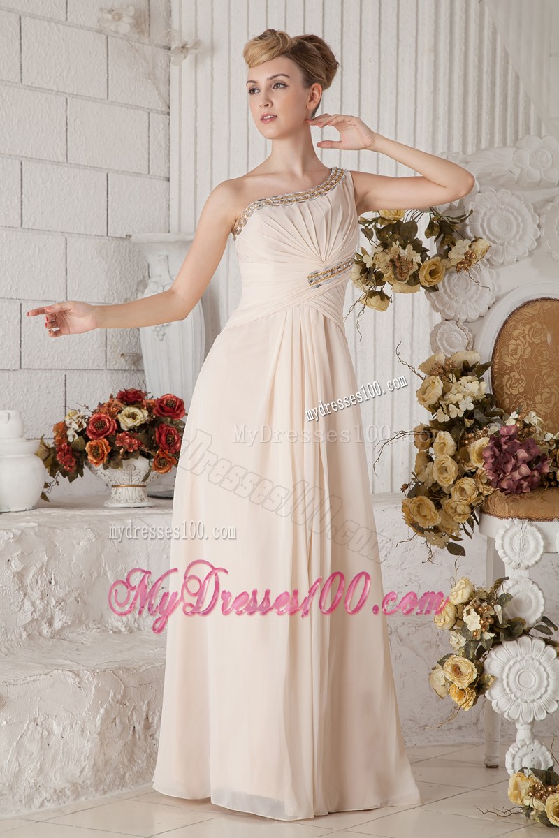 Champagne Empire One Shoulder Graduation Dress with Beading and Ruching