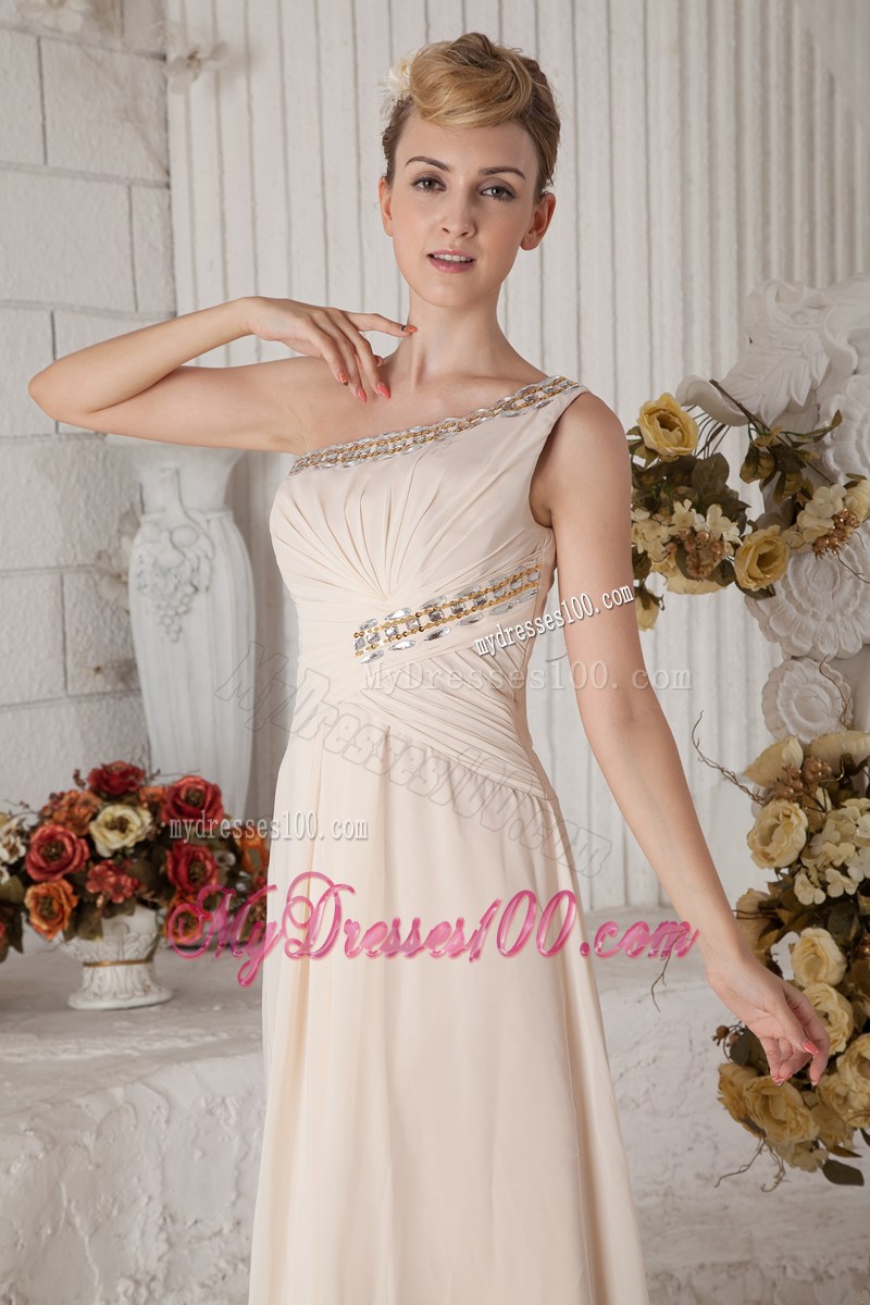 Champagne Empire One Shoulder Graduation Dress with Beading and Ruching