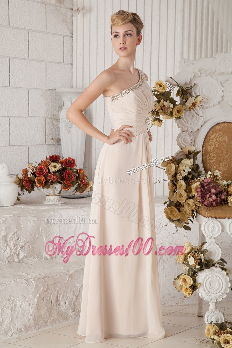 Champagne Empire One Shoulder Graduation Dress with Beading and Ruching