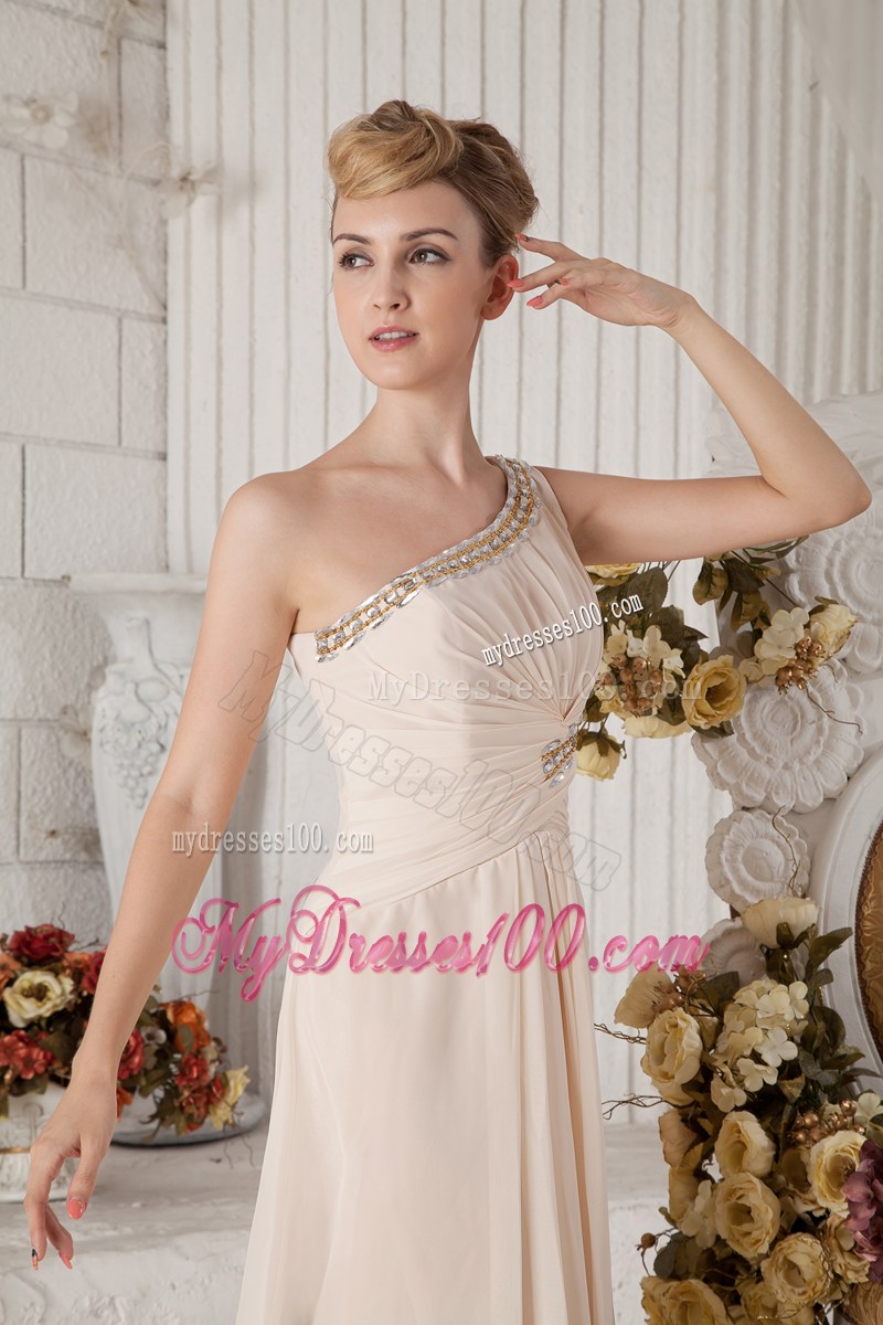 Champagne Empire One Shoulder Graduation Dress with Beading and Ruching