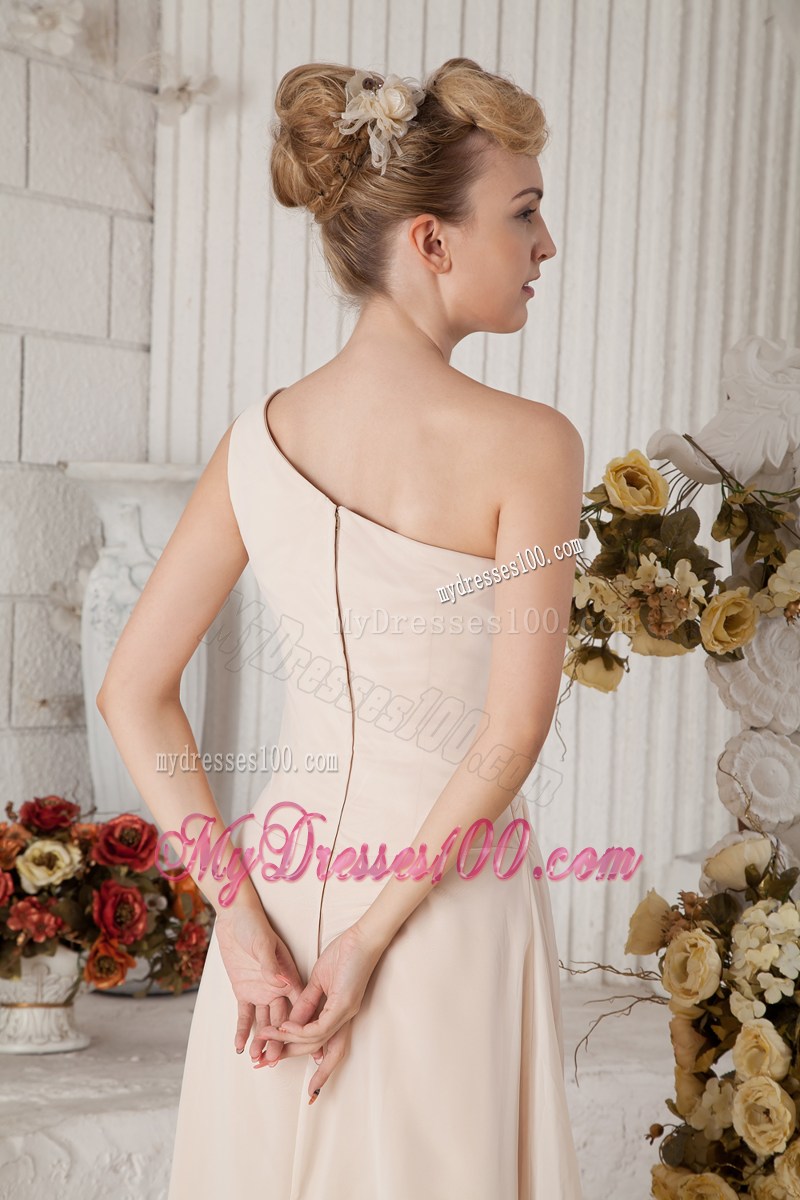 Champagne Empire One Shoulder Graduation Dress with Beading and Ruching